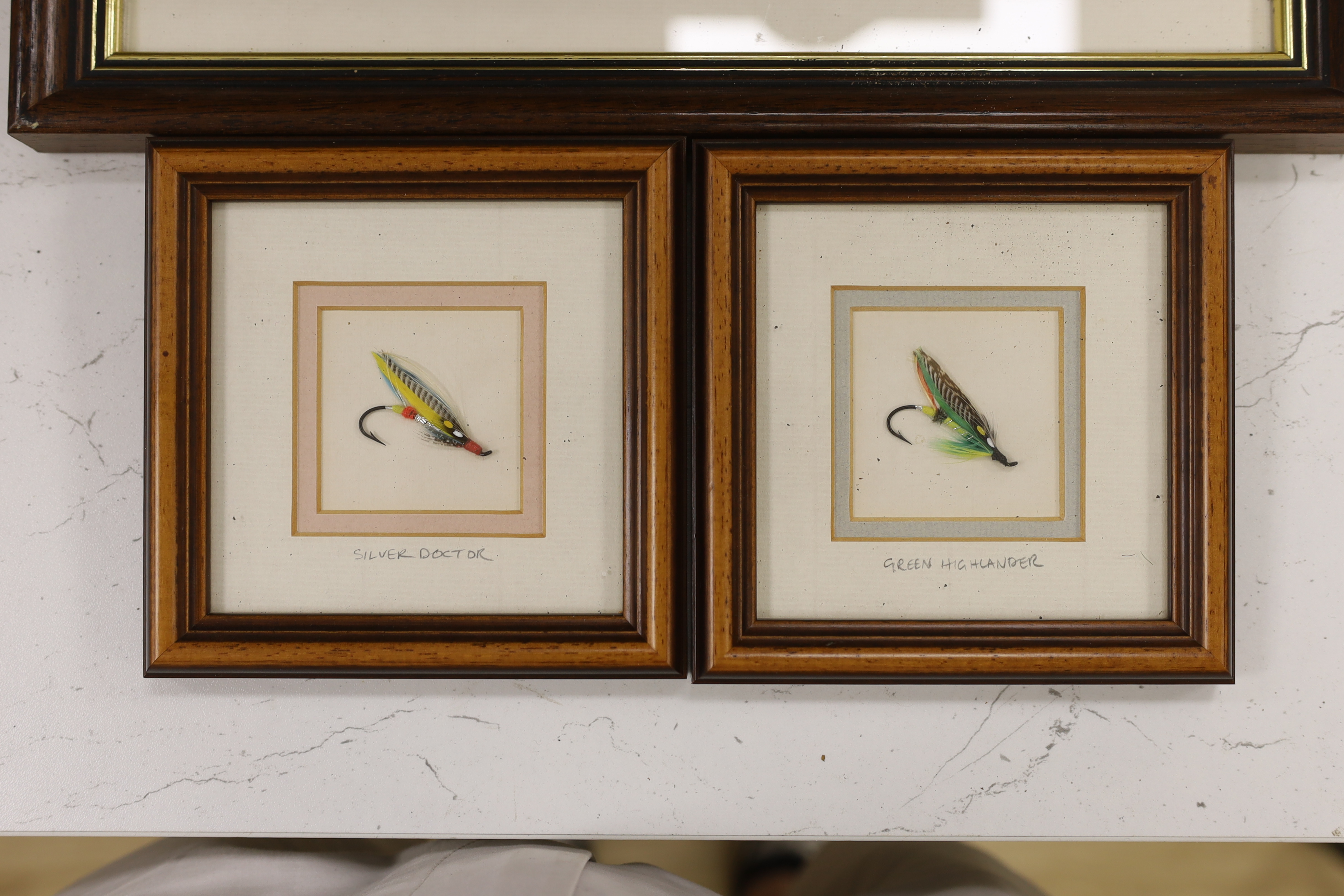 Ken Lockhead, print, Salmon Fishing, River Spey, framed with fishing flies